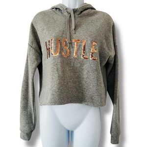 Rue 21 Hustle Gray Pullover Hoodie Cropped Sweatshirt XS Sequined Rose Gold
